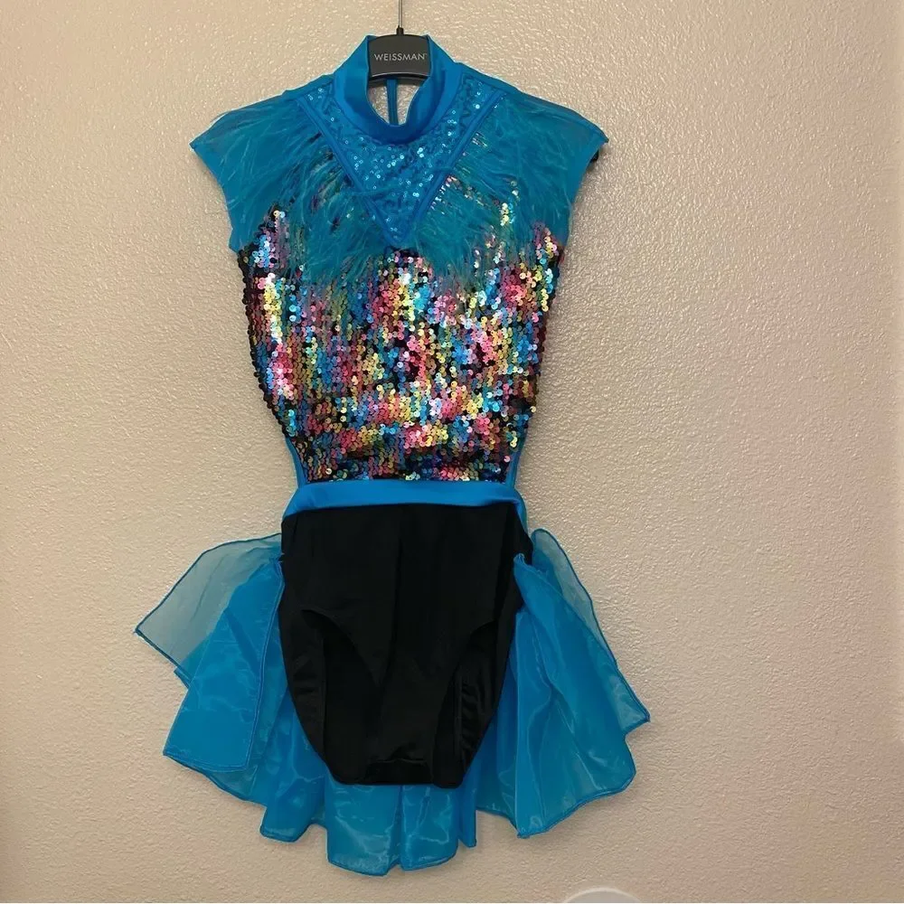WEISSMAN Dance costume feather teal sequins sassy A Deeper Love 14471 LC child
